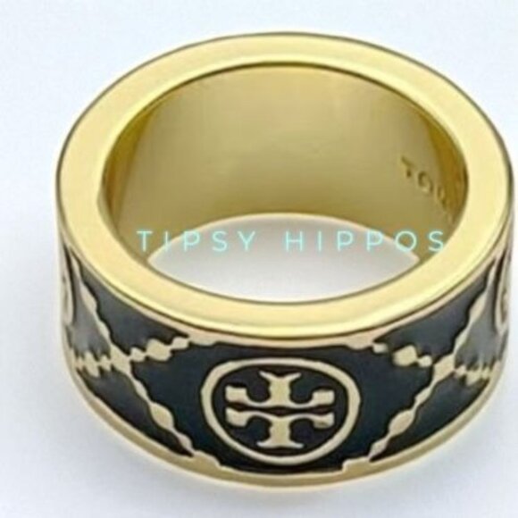 Size 8- NEW!! Tory Burch Black and Gold Monogram Ring - Picture 2 of 2